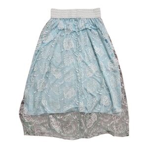 Vintage Boho Leaf Embroidered Mesh Midi Skirt Elastic Waist Beachy Cottagecore